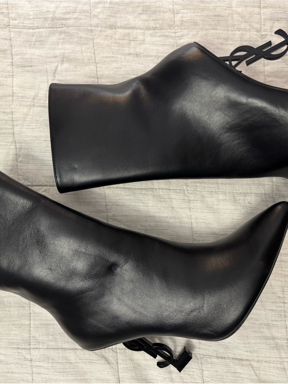 Saint Laurent Black Leather Ankle Boot with Logo Sculptural Heel - Picture 2 of 13